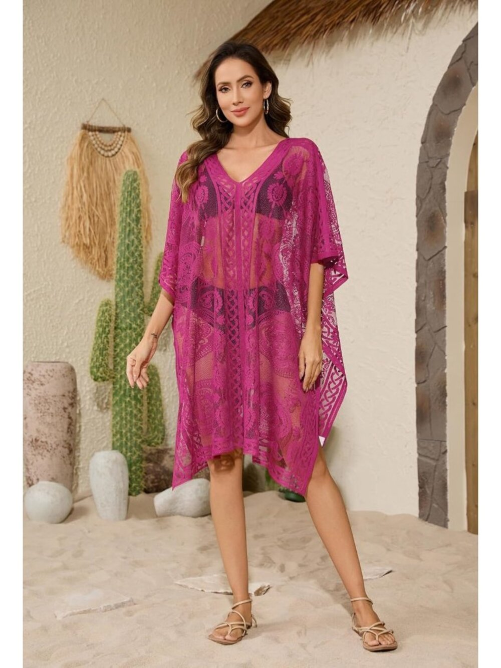 Women's Rose Red Cover Up Bathing Suit V-Neck & half kaftan sleeves - Picture 3 of 7